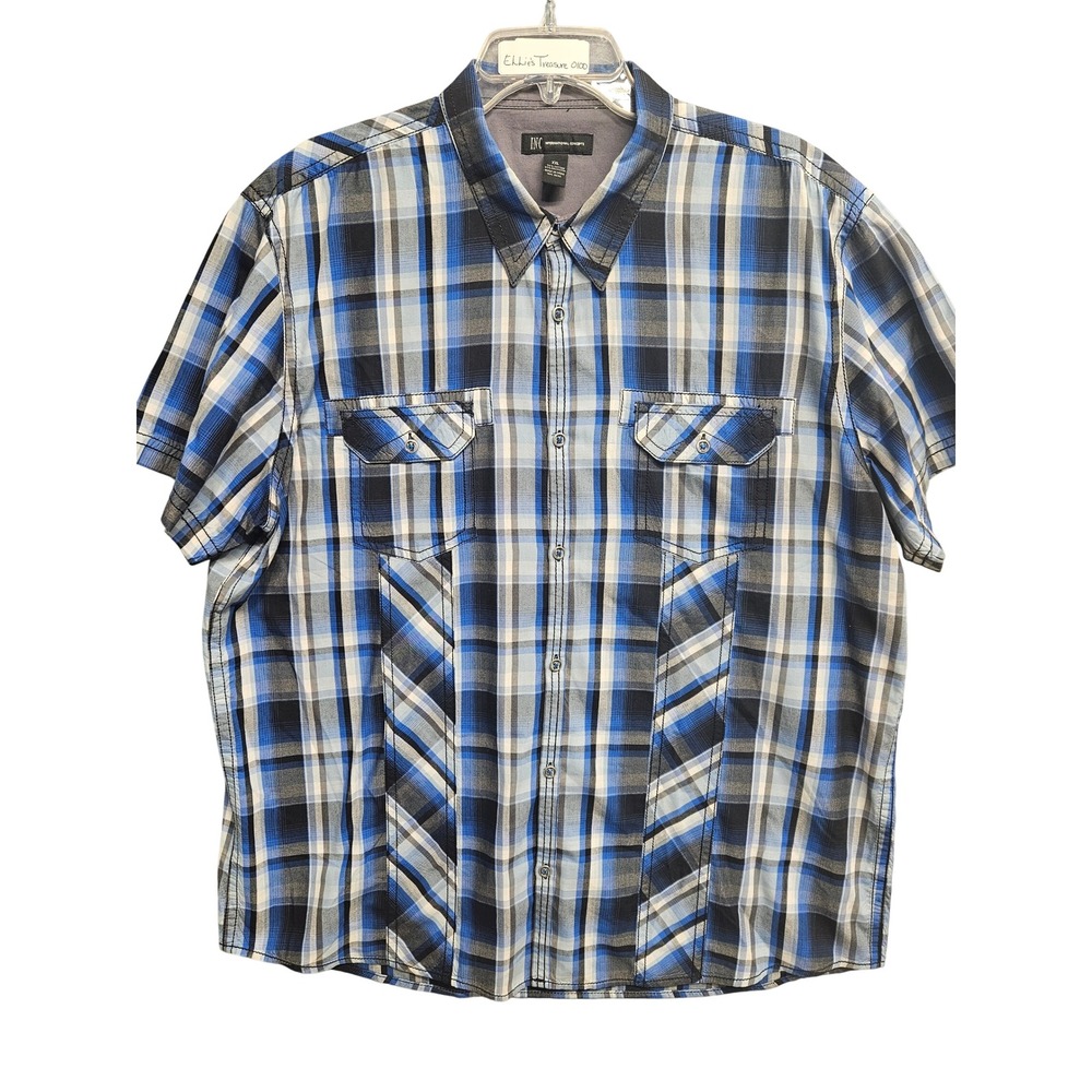 INC International Concepts Mens XXL Blue Plaid Short Sleeve Button Down Shirt